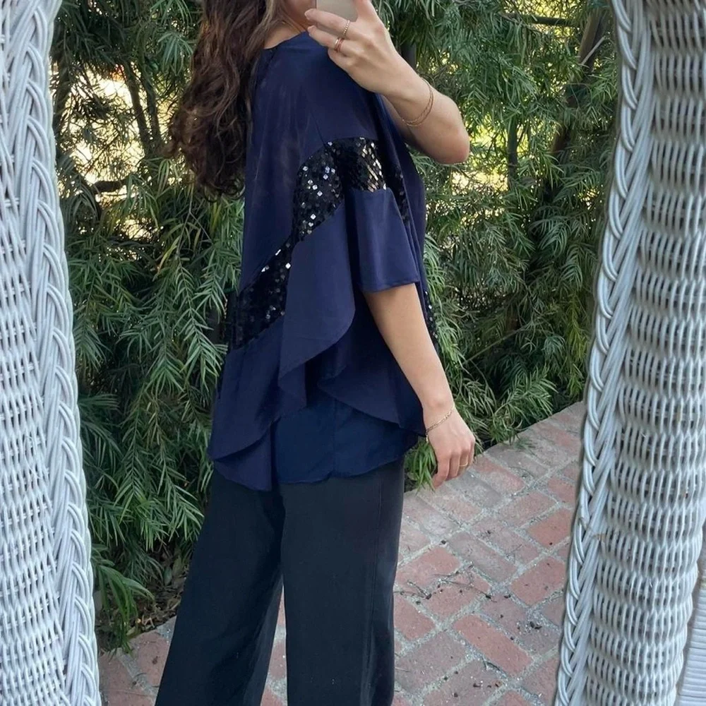 Beautiful navy blue sequin one shoulder flowy blouse
